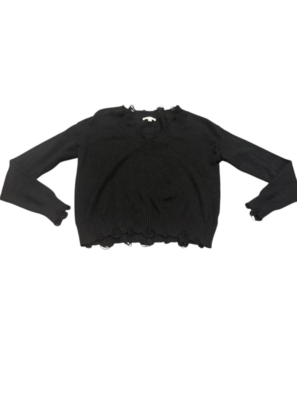 Rock N Rags Black V-Neck Distressed Raw Hem Pullover Women's Sweater Size XS